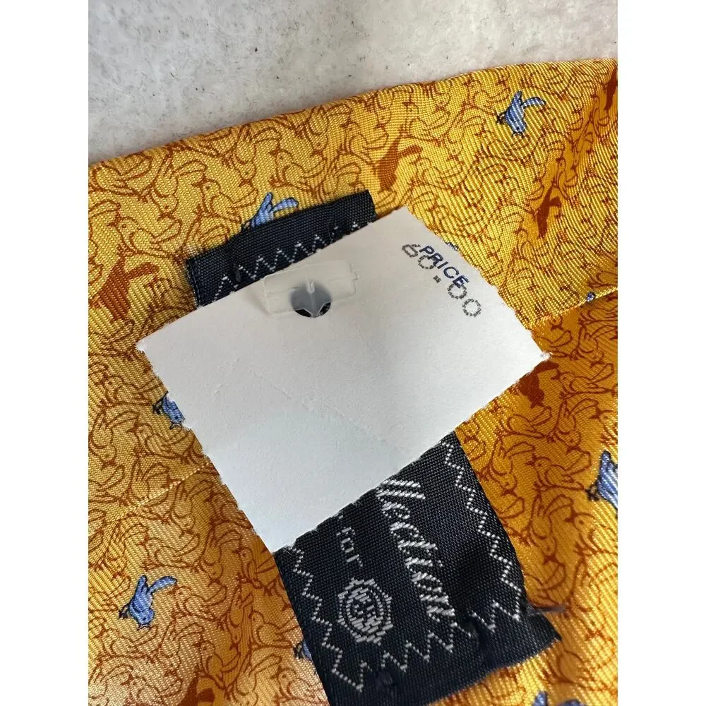 Tom James Executive Collection 100% Silk Tie Yellow with Rust and Blue Birds NWT